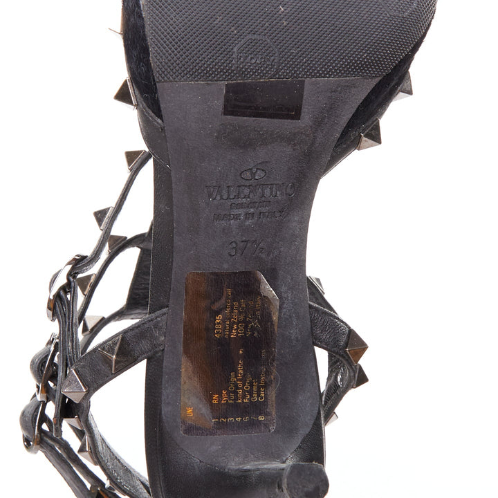 VALENTINO Rockstud Noir black horsehair silver studs pointy cage sandals EU37.5
