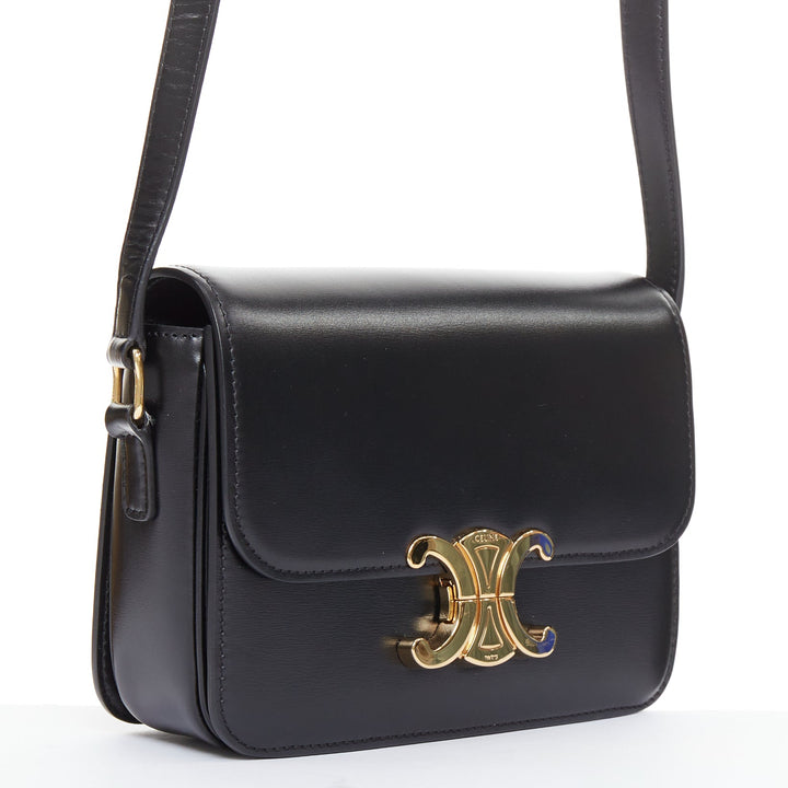 CELINE Teen Triomphe black shiny calfskin gold anagram logo crossbody bag