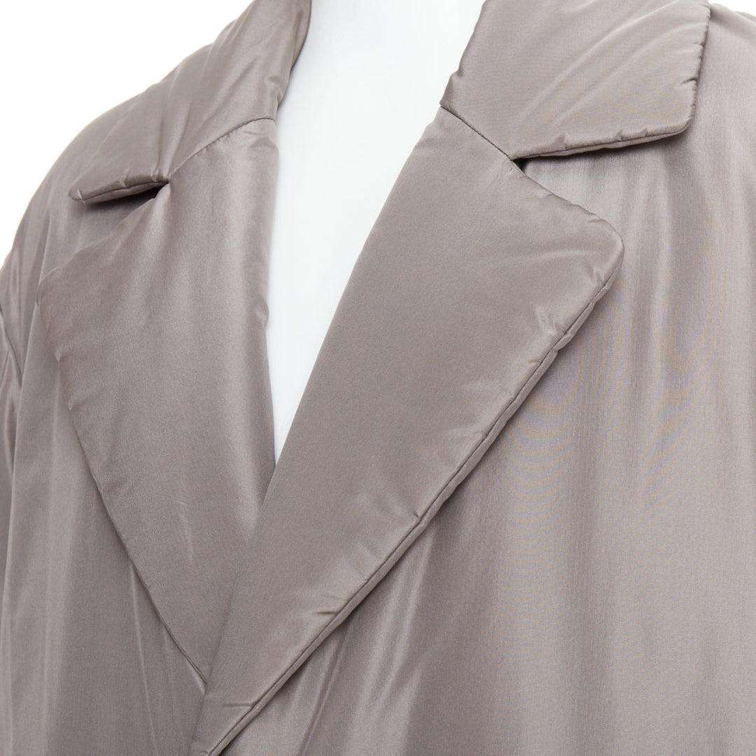 VERSACE 100% silk stone grey padded gold Medusa buttons long belted coat IT50 L