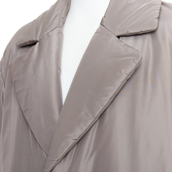 VERSACE 100% silk stone grey padded gold Medusa buttons long belted coat IT50 L