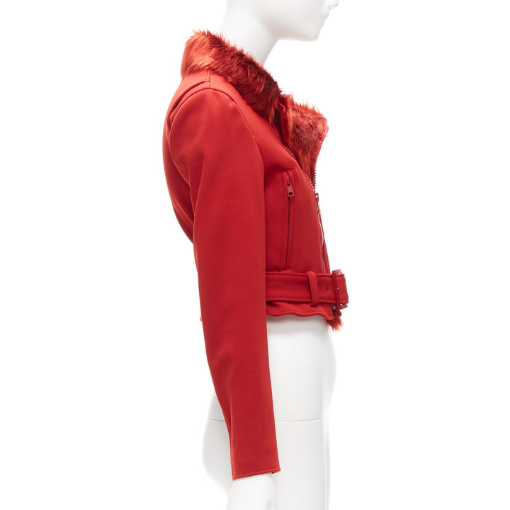 YOHJI YAMAMOTO red faux fur collar 3 stripes belted cropped biker jacket S