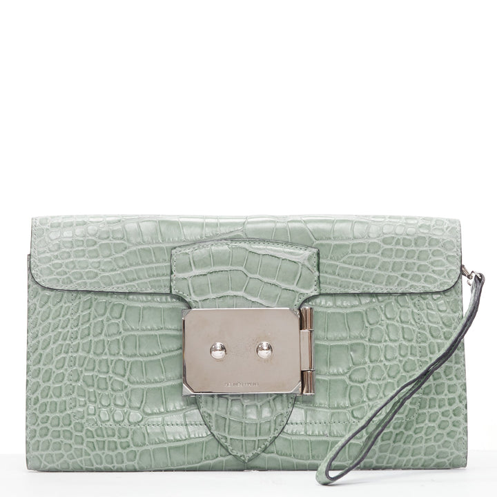 HERMES Goodlock Porosus mint green scaled leather PHW push clasp wrist clutch