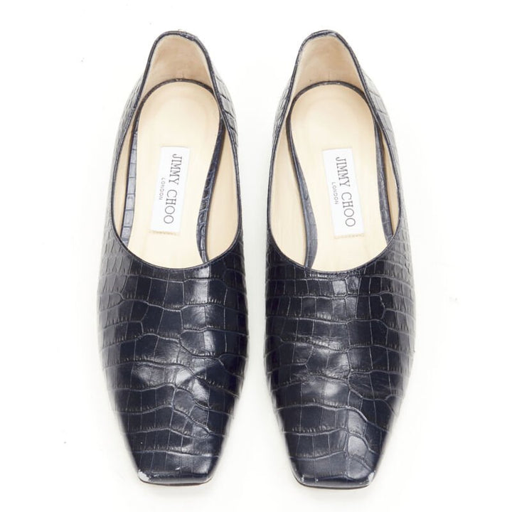 JIMMY CHOO black navy mock croc leather square toe JC charm flats EU38