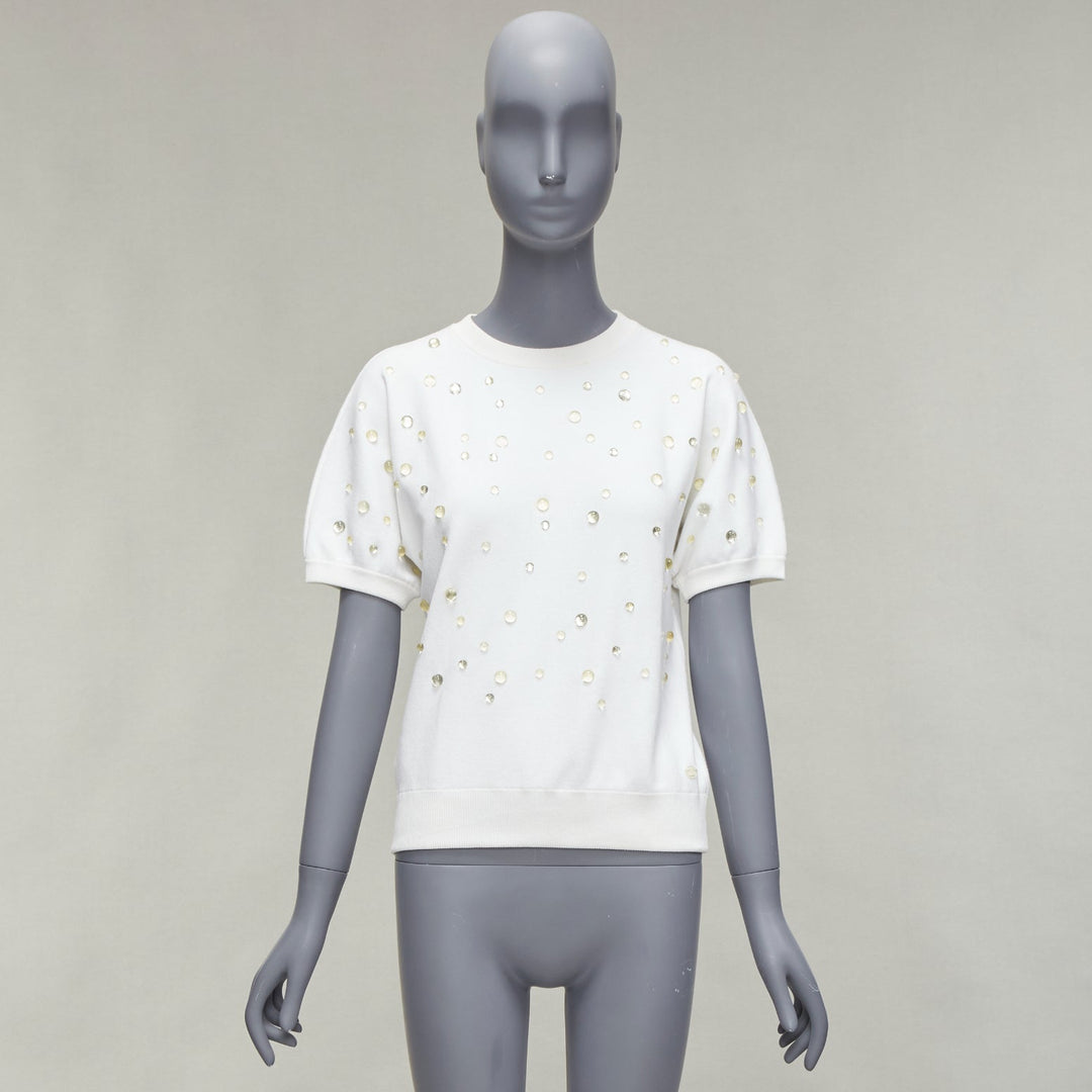 CHANEL 2018 water drop embellished cotton short sleeve pullover sweater FR36