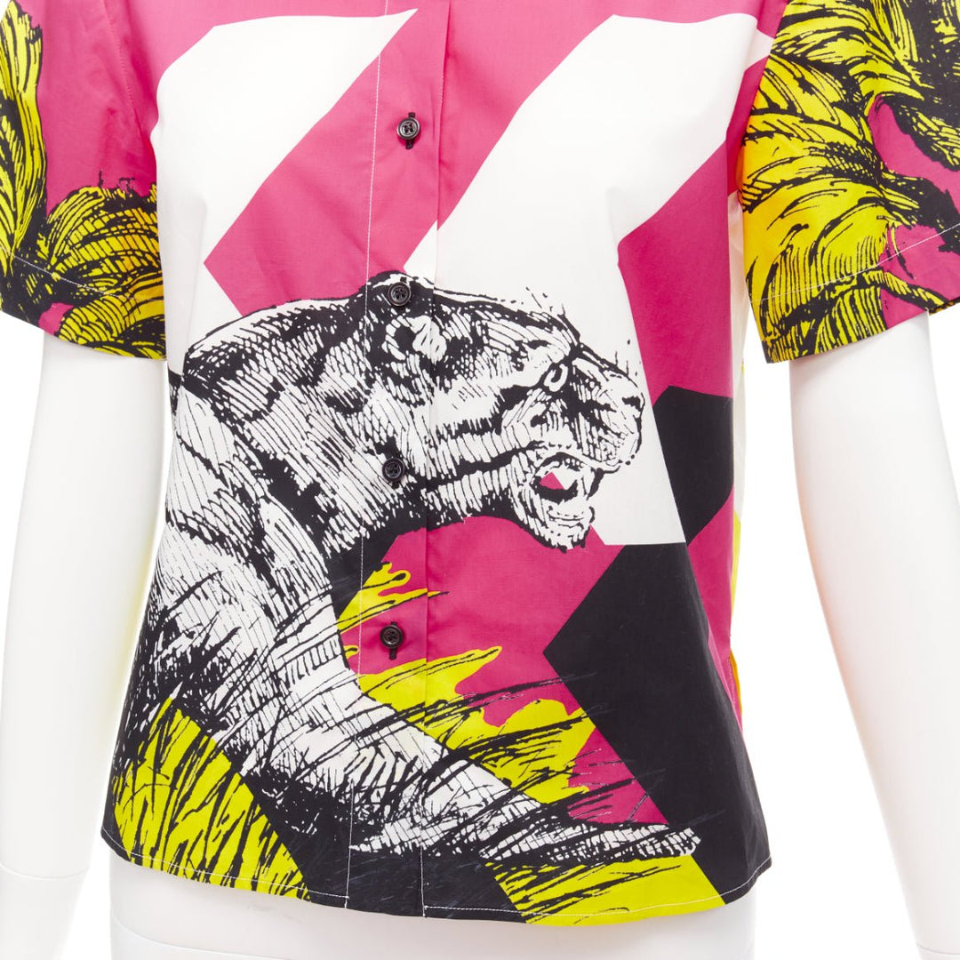CHRISTIAN DIOR D-Jungle Pop Tiger pink print poplin short sleeve shirt FR34 XS