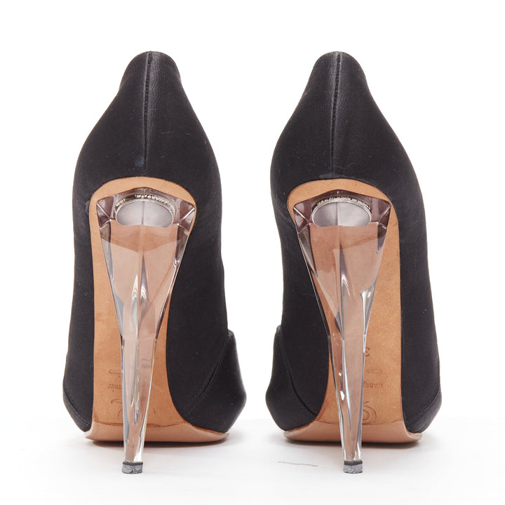 ALEXANDER MCQUEEN black satin clear lucite dagger peep toe heel EU37