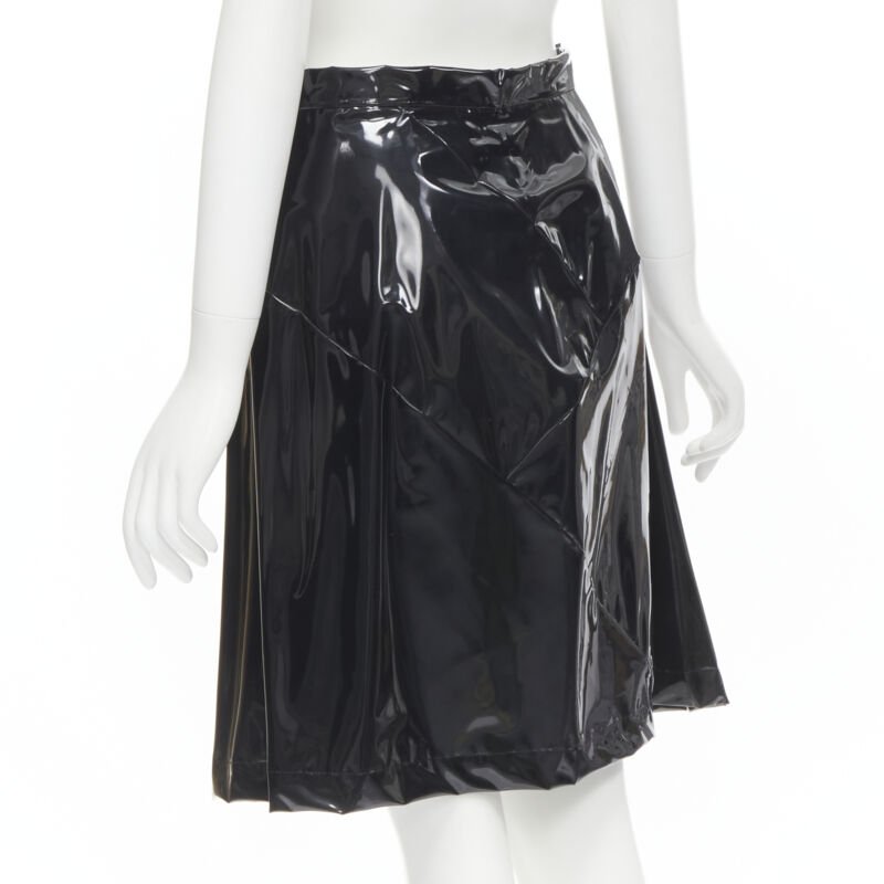 COMME DES GARCONS 1991 black vinyl plastic bias cut A-lined flared skirt L