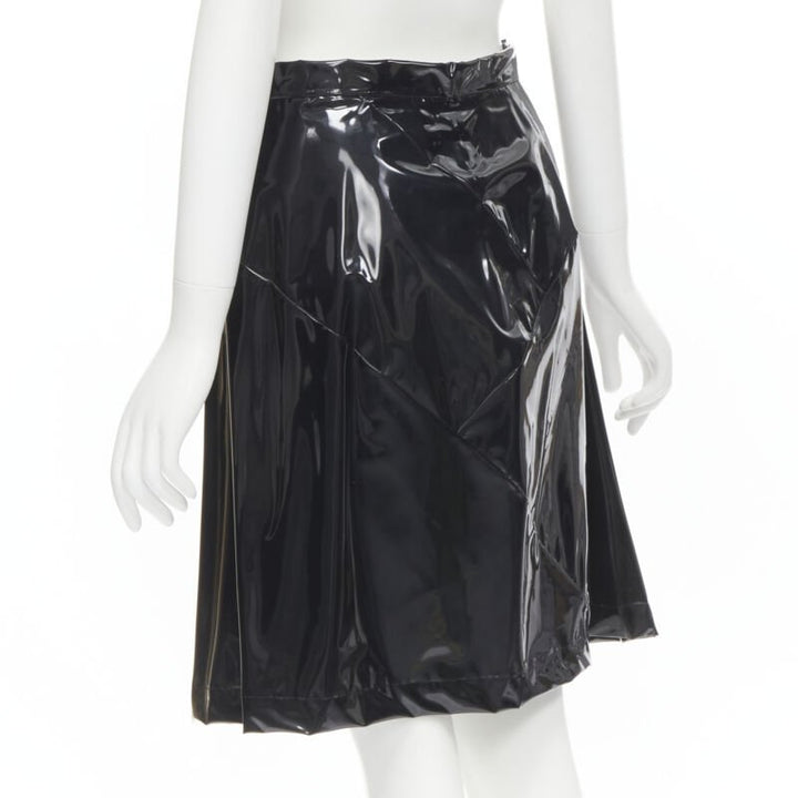 COMME DES GARCONS 1991 black vinyl plastic bias cut A-lined flared skirt L
