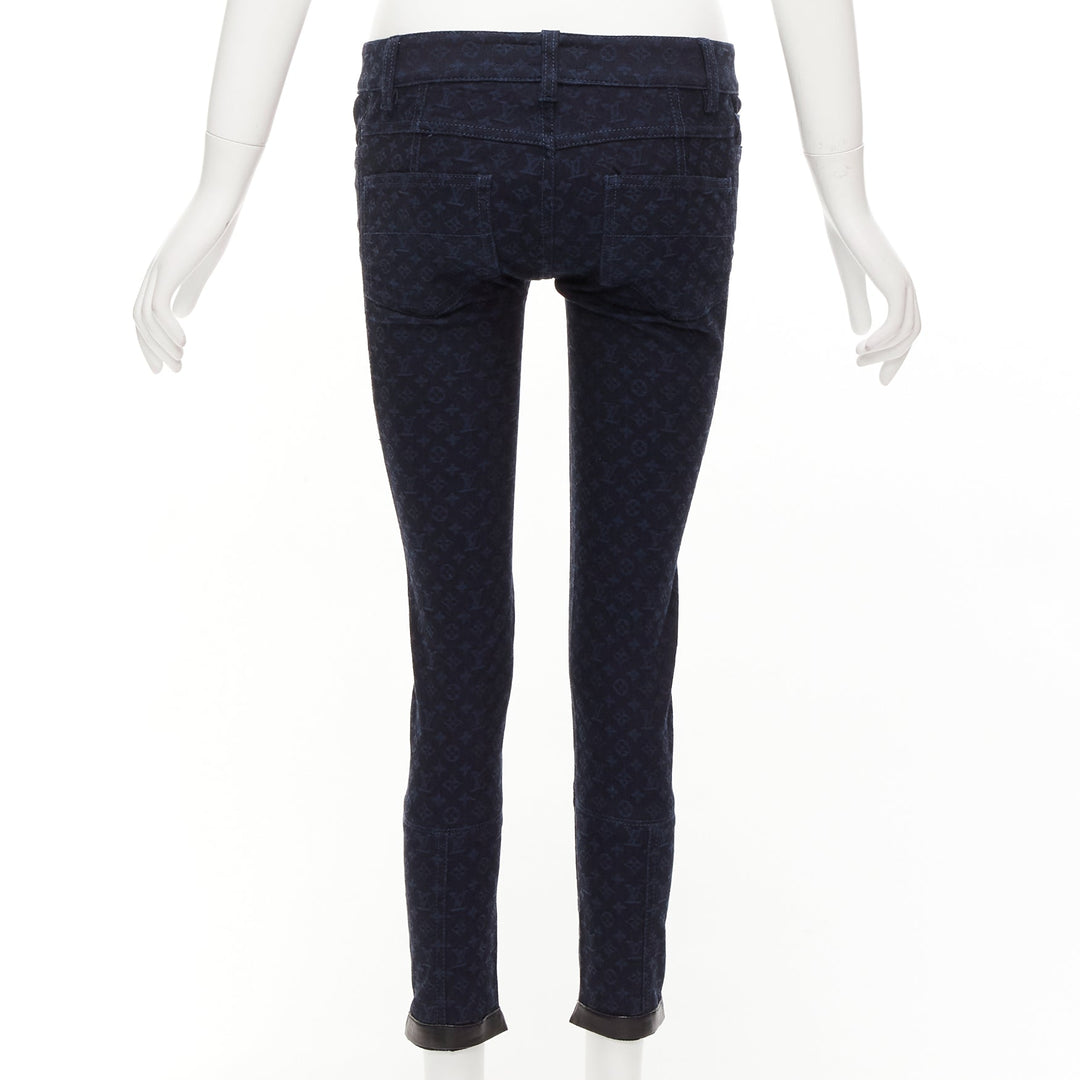 LOUIS VUITTON dark blue LV monogram black leather trim skinny jeans FR34 XS
