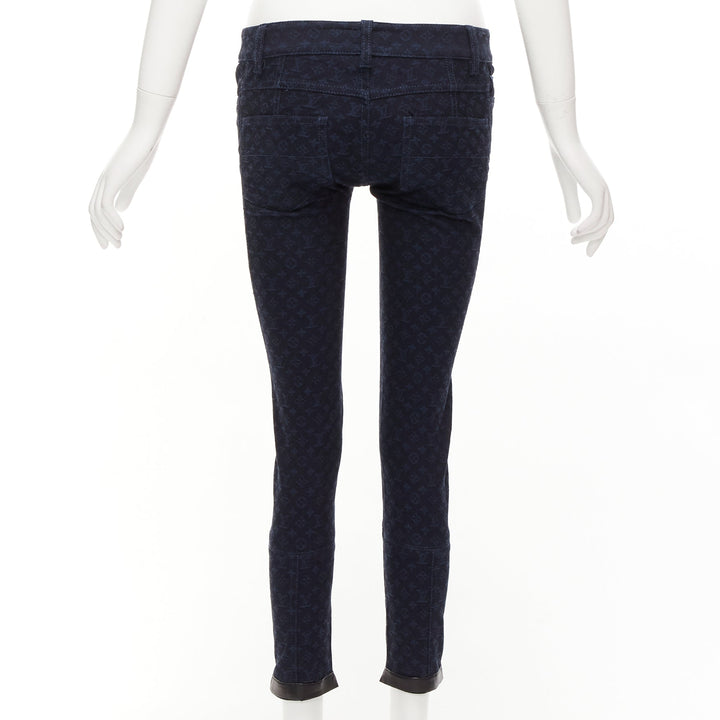 LOUIS VUITTON dark blue LV monogram black leather trim skinny jeans FR34 XS