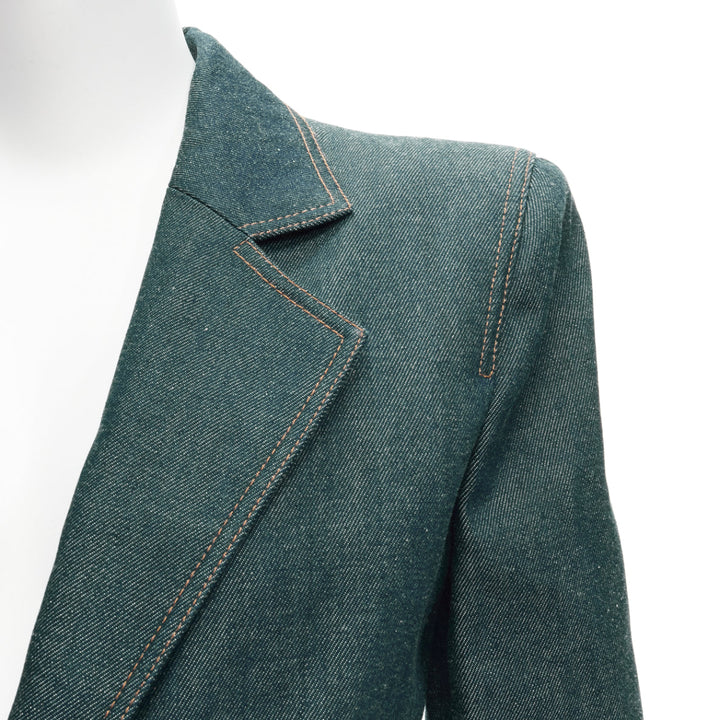 SAINT LAURENT 2022 Runway blue denim pocketed power shoulder jumpsuit FR34 XS