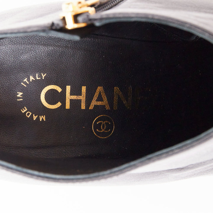 CHANEL 15C black calfskin faux pearl high cone heeled ankle boots EU38