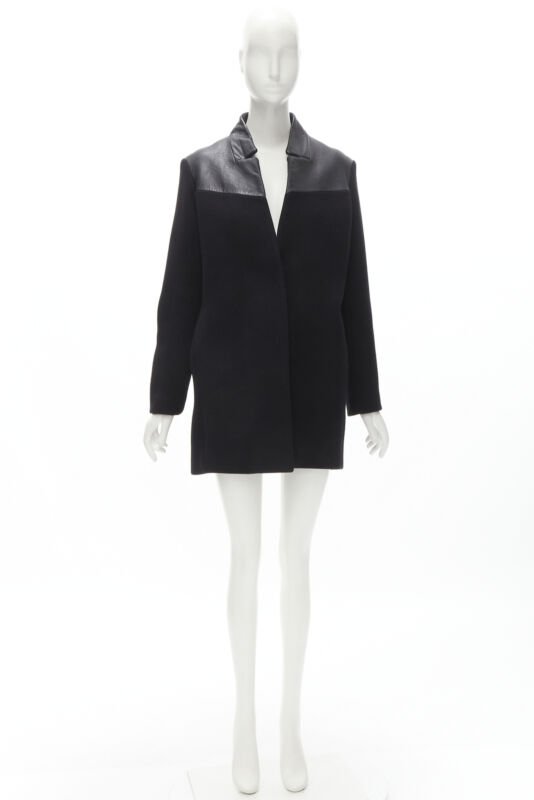 MAJE Sirop black calfskin leather trim wool collarless coat US2 S