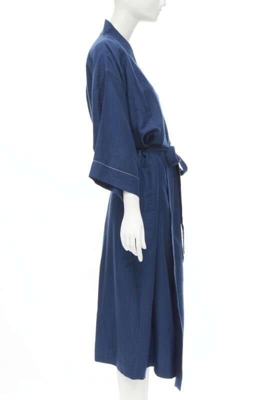 HERMES Paris 100% cashmere hand woven suede leather H logo belted robe L