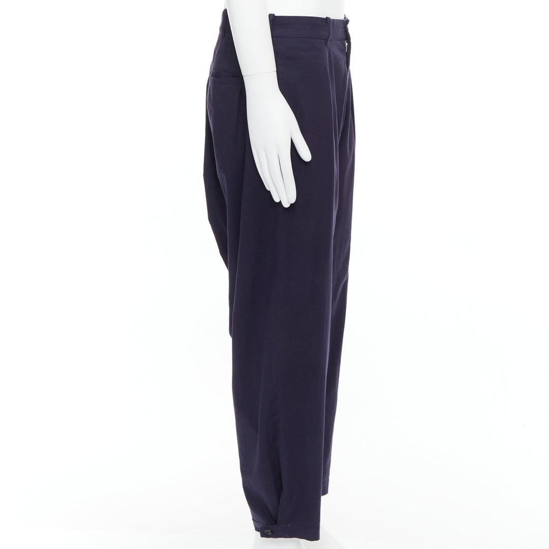 YOHJI YAMAMOTO navy 100% cotton pleated front tapered pants JP4 XL
