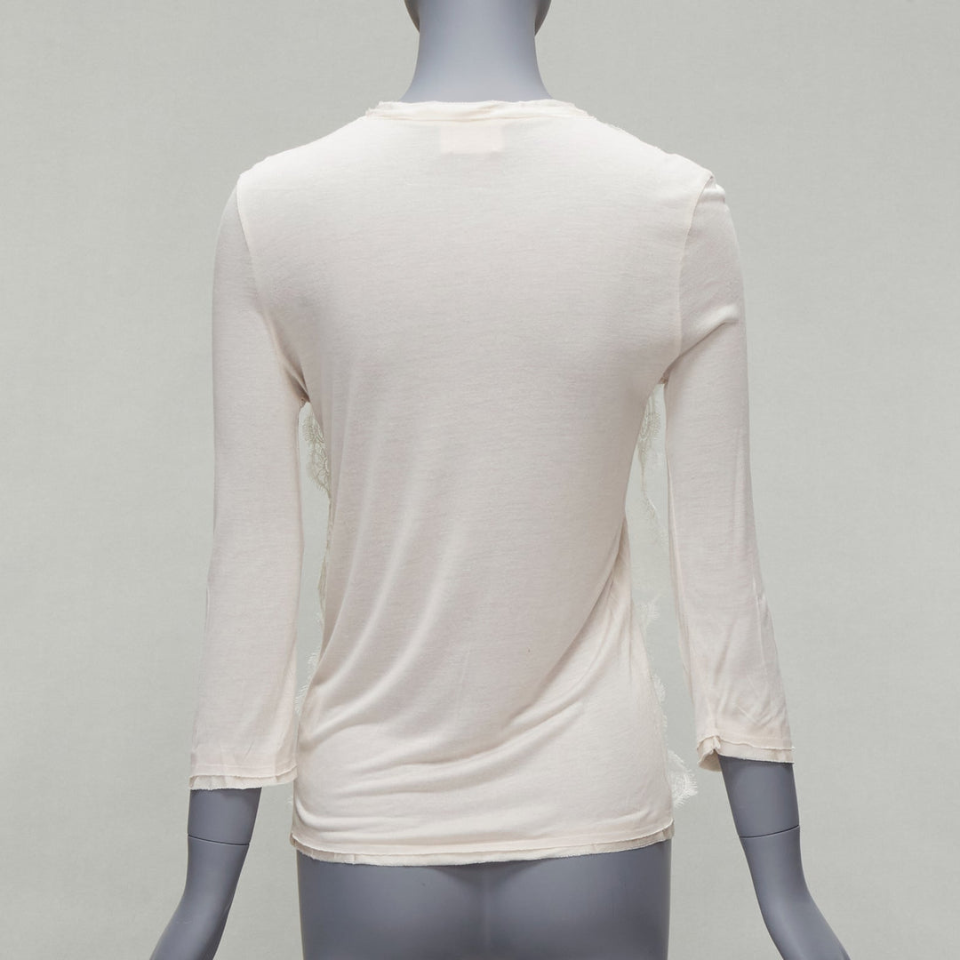 LANVIN off white lace overlay asymmetric cropped 3/4 sleeve top FR32 XXS