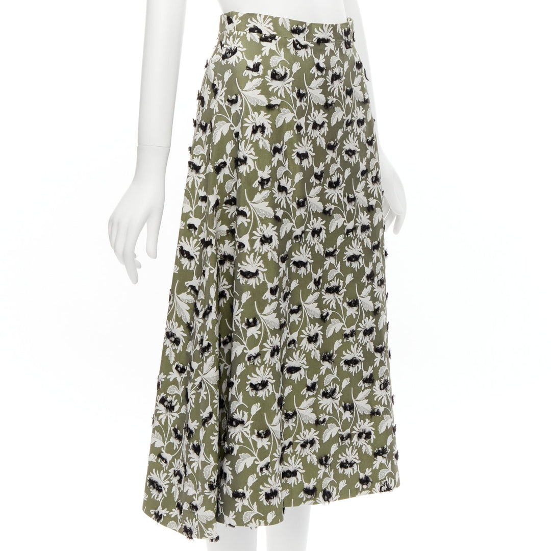 BALENCIAGA 2015 green black fringe embellishment white floral midi skirt FR36 S