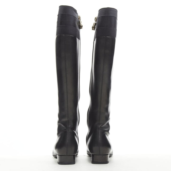 GUCCI black web trim leather gold bamboo charm zip riding boots EU36