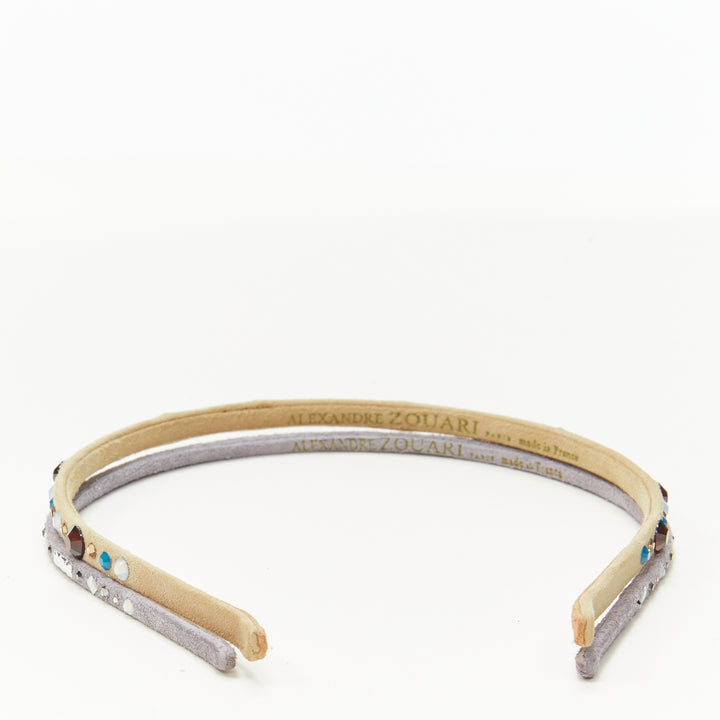 ALEXANDRE ZOUARI beige grey suede colorful rhinestone skinny headband X2