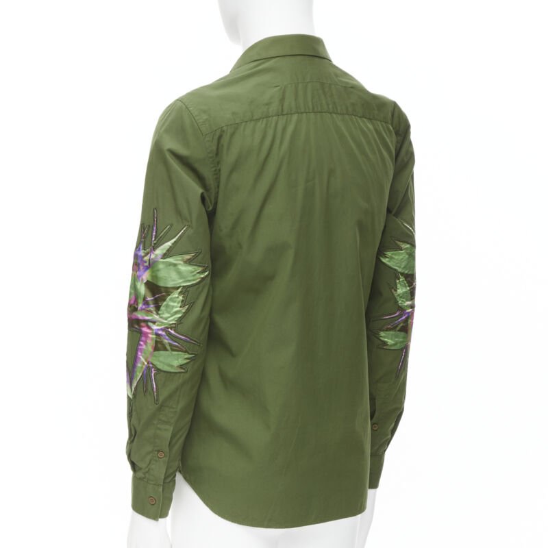 Runway GIVENCHY Tisci 2012 green cotton Birds of Paradise patch sleeve shirt S