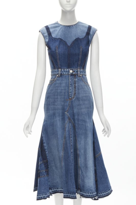 ALEXANDER MCQUEEN 2021 Runway washed denim shadow bodice midi dress IT38 XS
