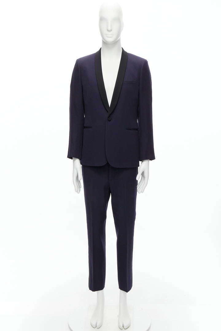 SAINT LAURENT virgin wool navy classic satin shawl collar tux blazer suit EU50 L