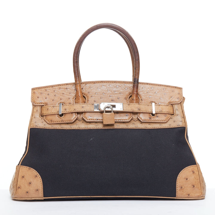 KP NEW YORK INC brown leather trim black canvas satchel tote bag