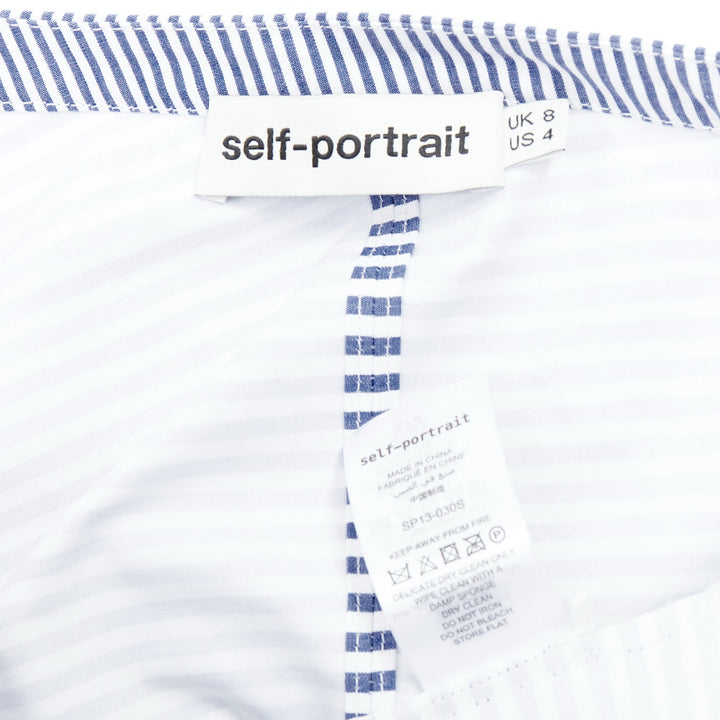 SELF PORTRAIT blue white striped off shoulder asymmetric ruffle top UK8 S