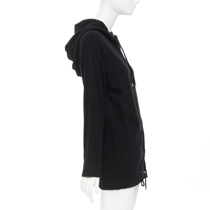 CHANEL 2015 Karl Lagerfeld 100% cashmere black double CC pockets hoodie FR34 XS