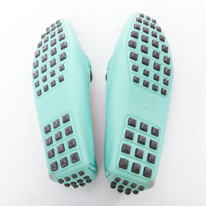 HERMES Irving cyan blue leather silver stud driving loafers EU35.5