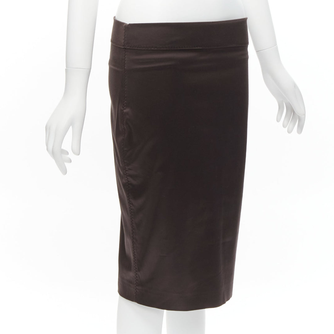GUCCI brown silky texture zigzag topstitch flap waistband pencil knee skirt IT42