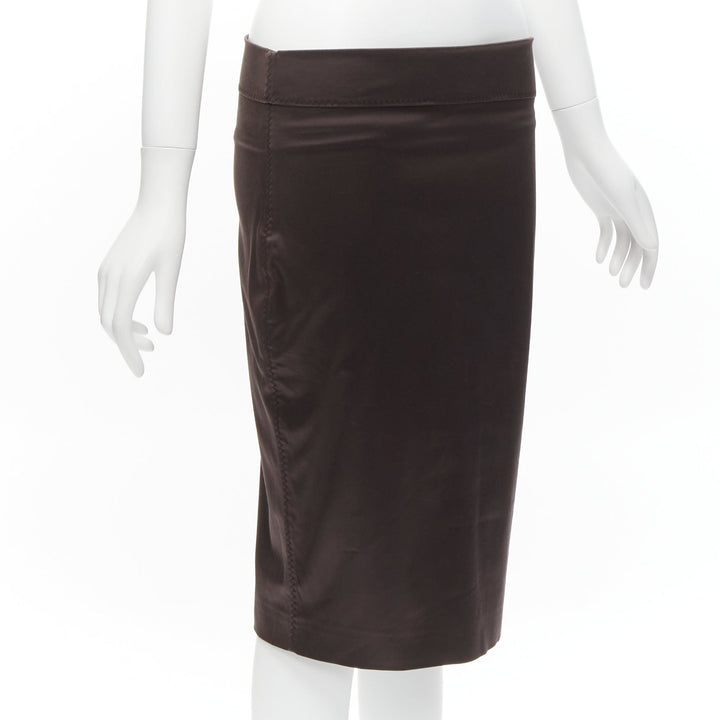 GUCCI brown silky texture zigzag topstitch flap waistband pencil knee skirt IT42