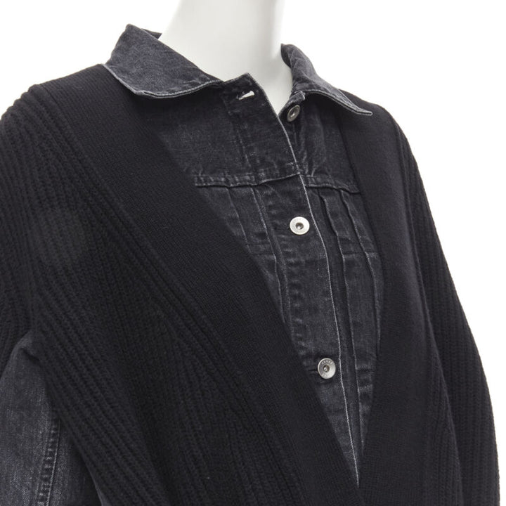 SACAI 2020 black reconstructed washed denim ribbed cardigan coat JP3 L