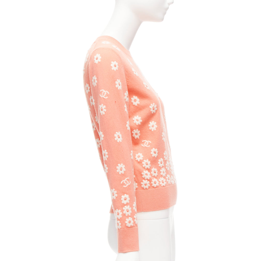 CHANEL 22P peach cashmere blend floral CC knitted pullover sweater FR34