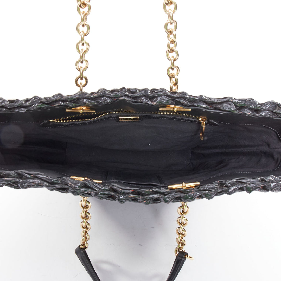 DOLCE GABBANA Vernice Vitello black lacquered raffia woven coffa large tote bag
