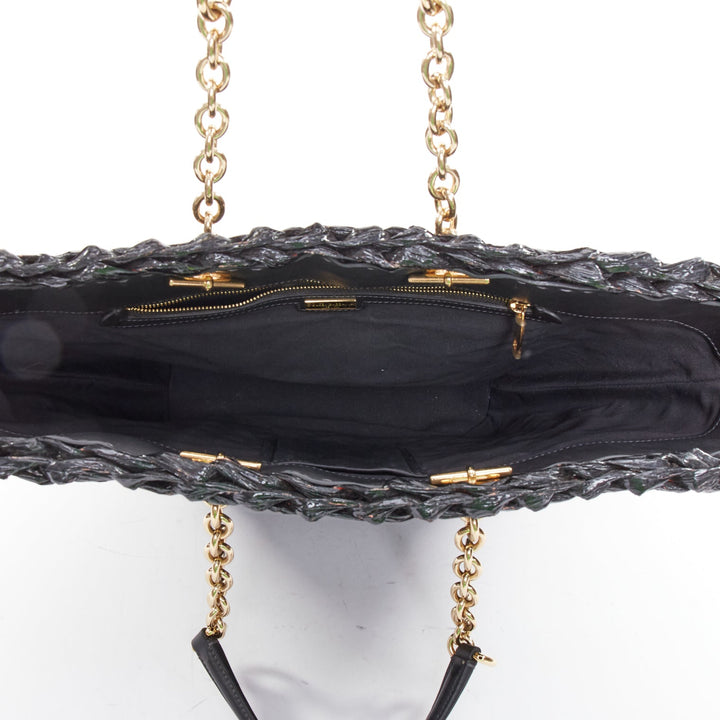 DOLCE GABBANA Vernice Vitello black lacquered raffia woven coffa large tote bag