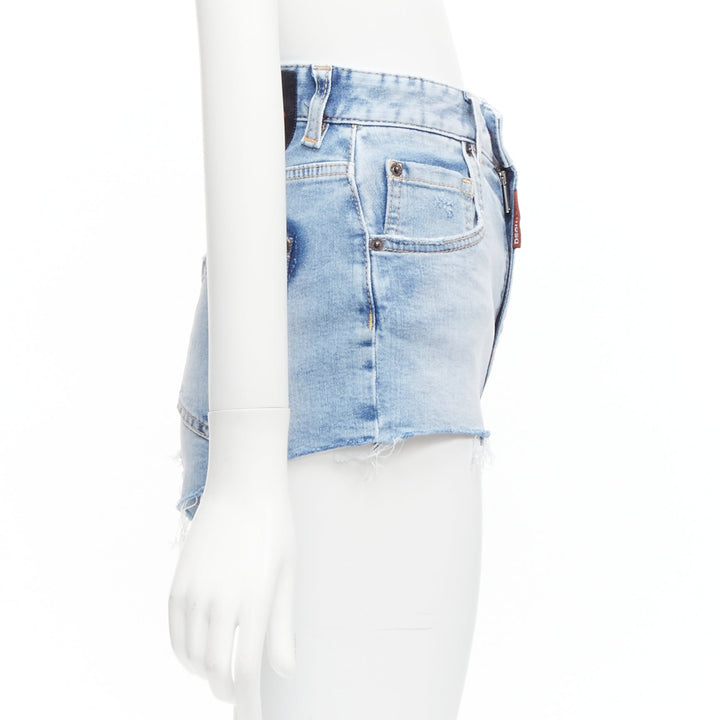 DSQUARED2 HONEY blue heart washed denim leopard lined hot pants IT36 XXS