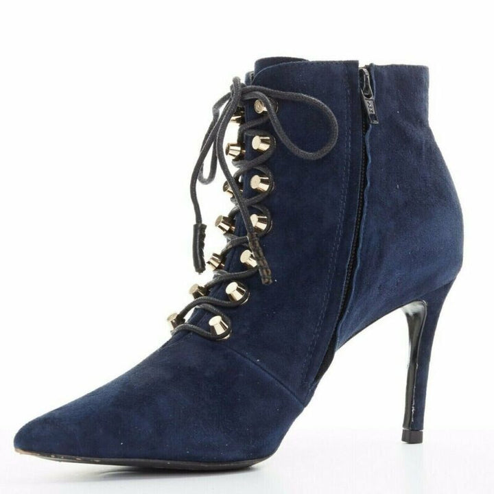 BALENCIAGA navy blue suede gold-tone stud lace up point toe bootie EU37 US7