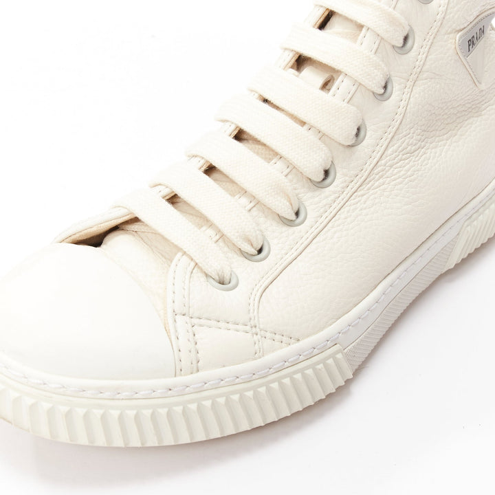 PRADA white textured leather black triangle logo high top sneakers UK7 EU40