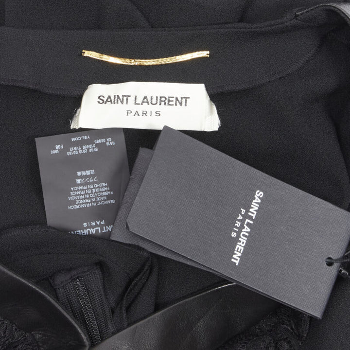 SAINT LAURENT Hedi Slimane 2013 black leather lace ruffle dress FR36 XS
