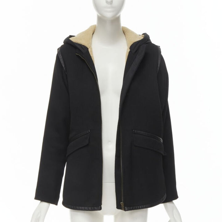 MAJE black fully shearling lined leather trim flared back coat FR36 S