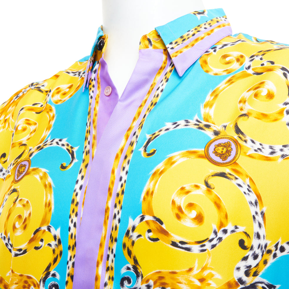 GIANNI VERSACE 1995 Vitnage 100% silk purple yellow leopard barocco shirt IT48 M