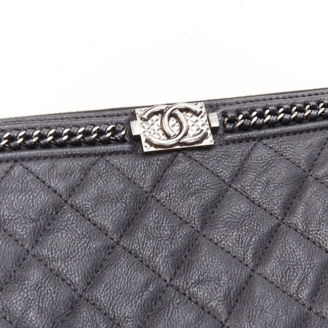 CHANEL Large Boy O Case black quilted leather chain trim flat pouch clutch bag