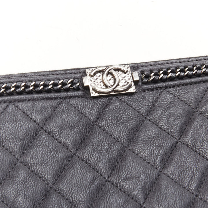CHANEL Large Boy O Case black quilted leather chain trim flat pouch clutch bag