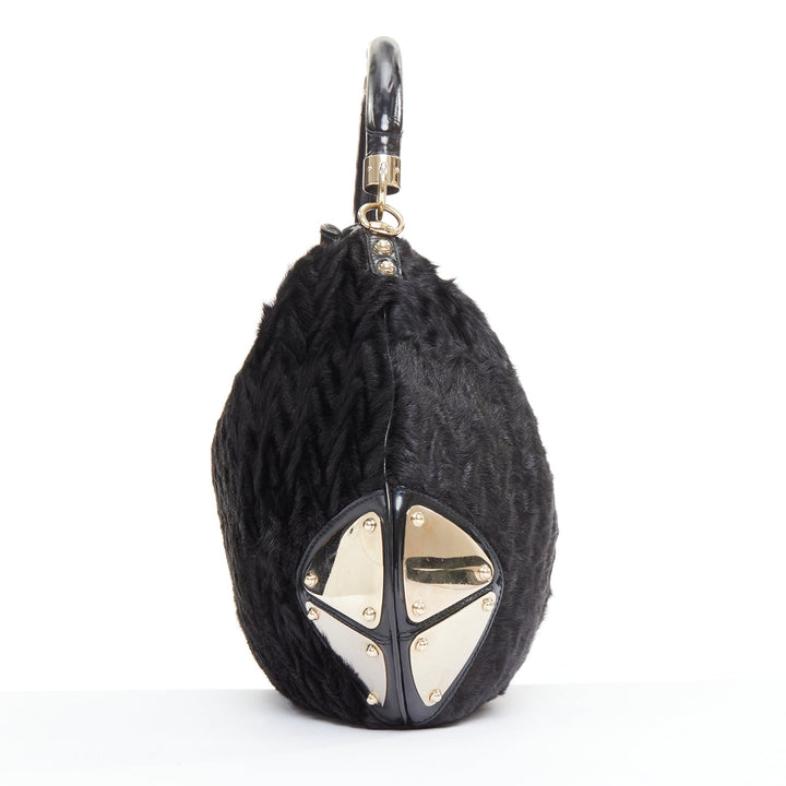 GUCCI Indy black chevron cut fur gold saddle metal handle hobo bag