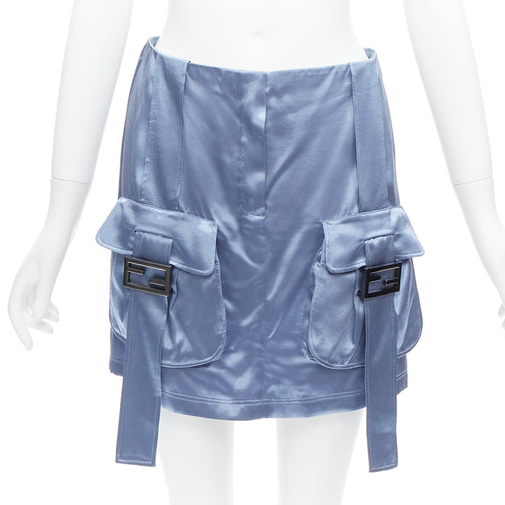 FENDI 2023 Runway Baguette blue satin FF buckle cargo pocket skirt IT38 XS