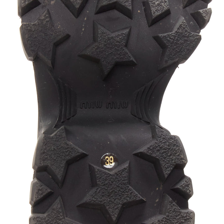MIU MIU Runway black leather logo lace up chunky wedged military boots EU39
