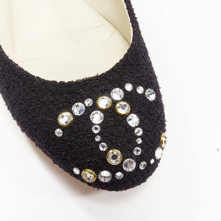 CHANEL black tweed crystal CC embellished logo round toe flat shoes EU35