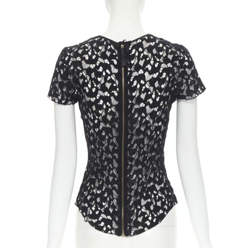 NINA RICCI black sheer lace cap sleeve zip back T-shirt top FR40 XS