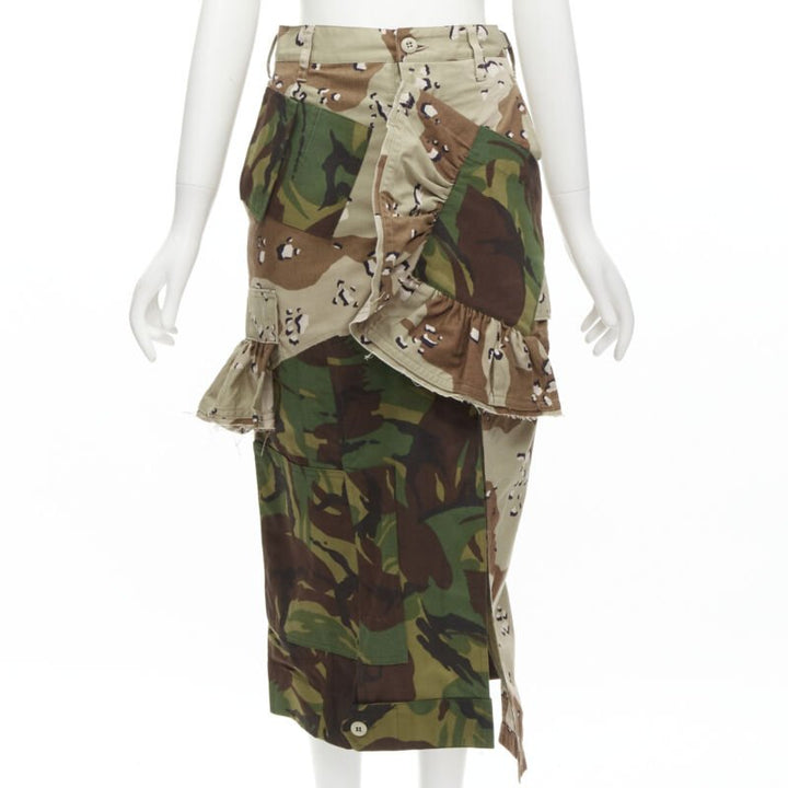PREEN mixed green khaki camo patchwork ruffled deconstructed cargo skirt XS